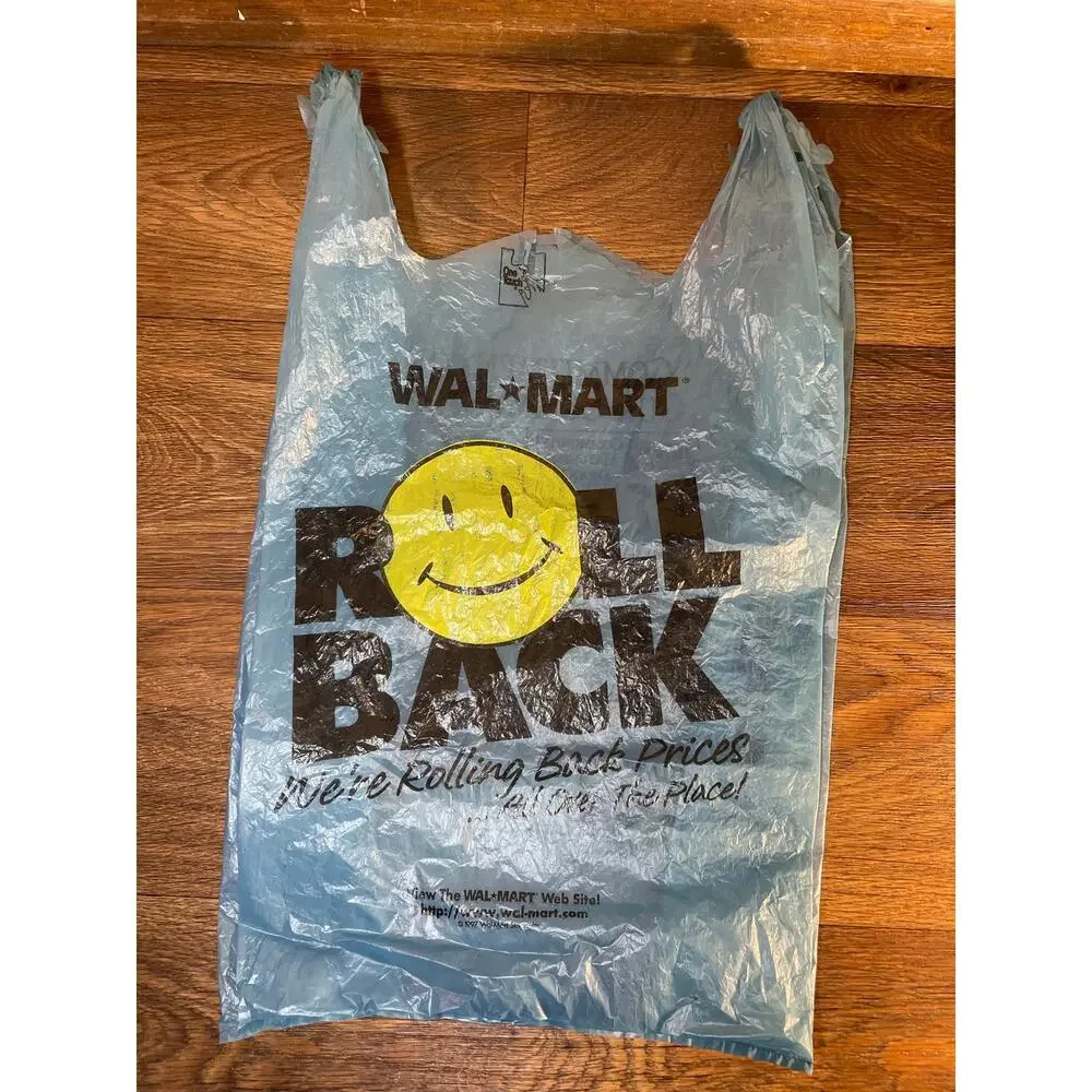 1997 Roll Back Wal-Mart Smiley Face Blue Plastic Shopping Bag Walmart